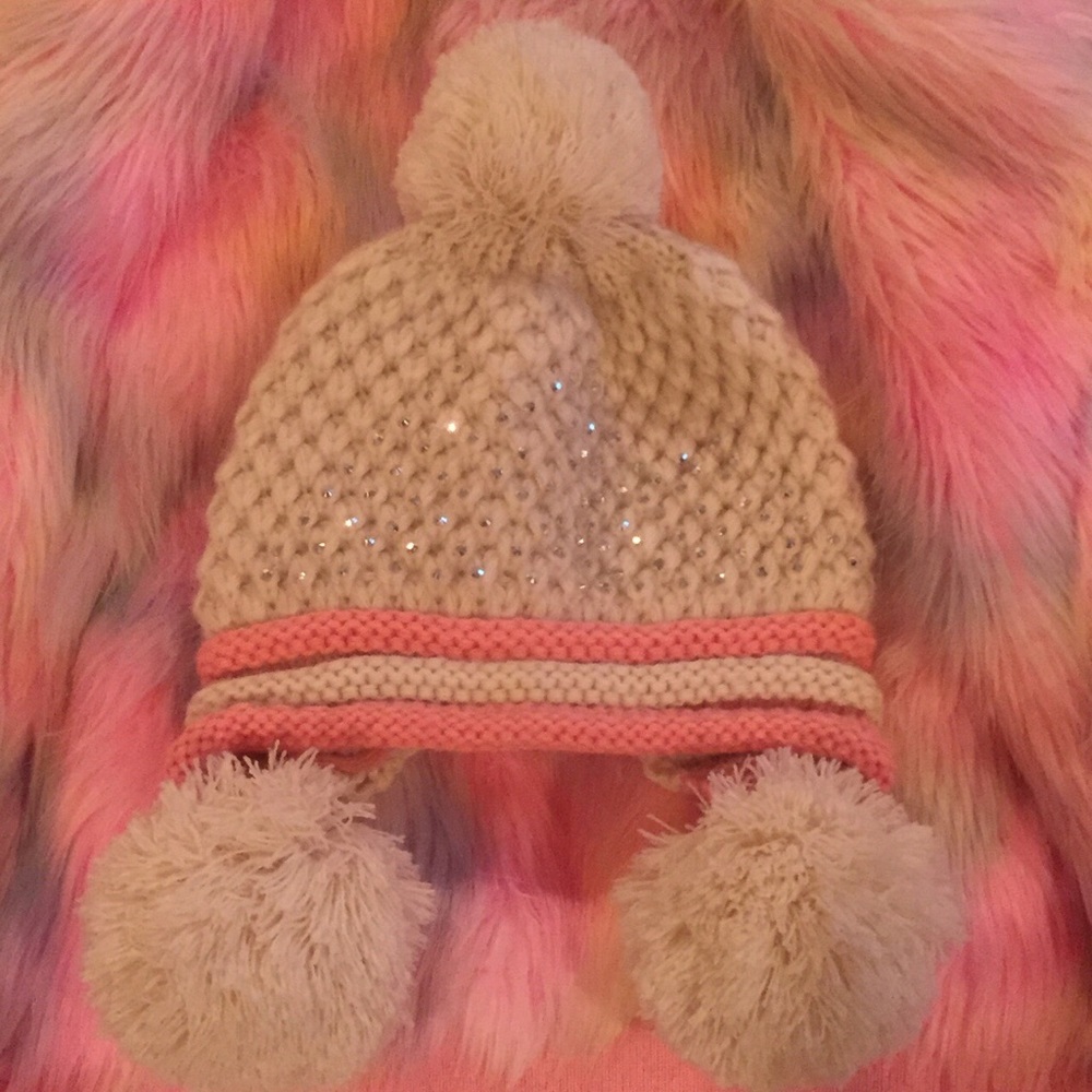Cream & baby pink snow bunny cap with pom-poms!
